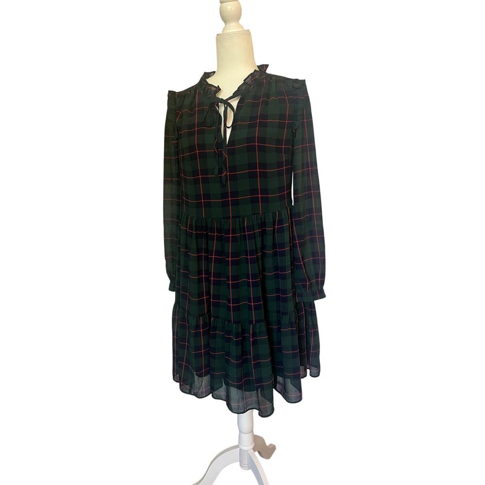 J. Crew Plaid Dress Tie-neck tiered dress in Black Watch tartan - Picture 2 of 9